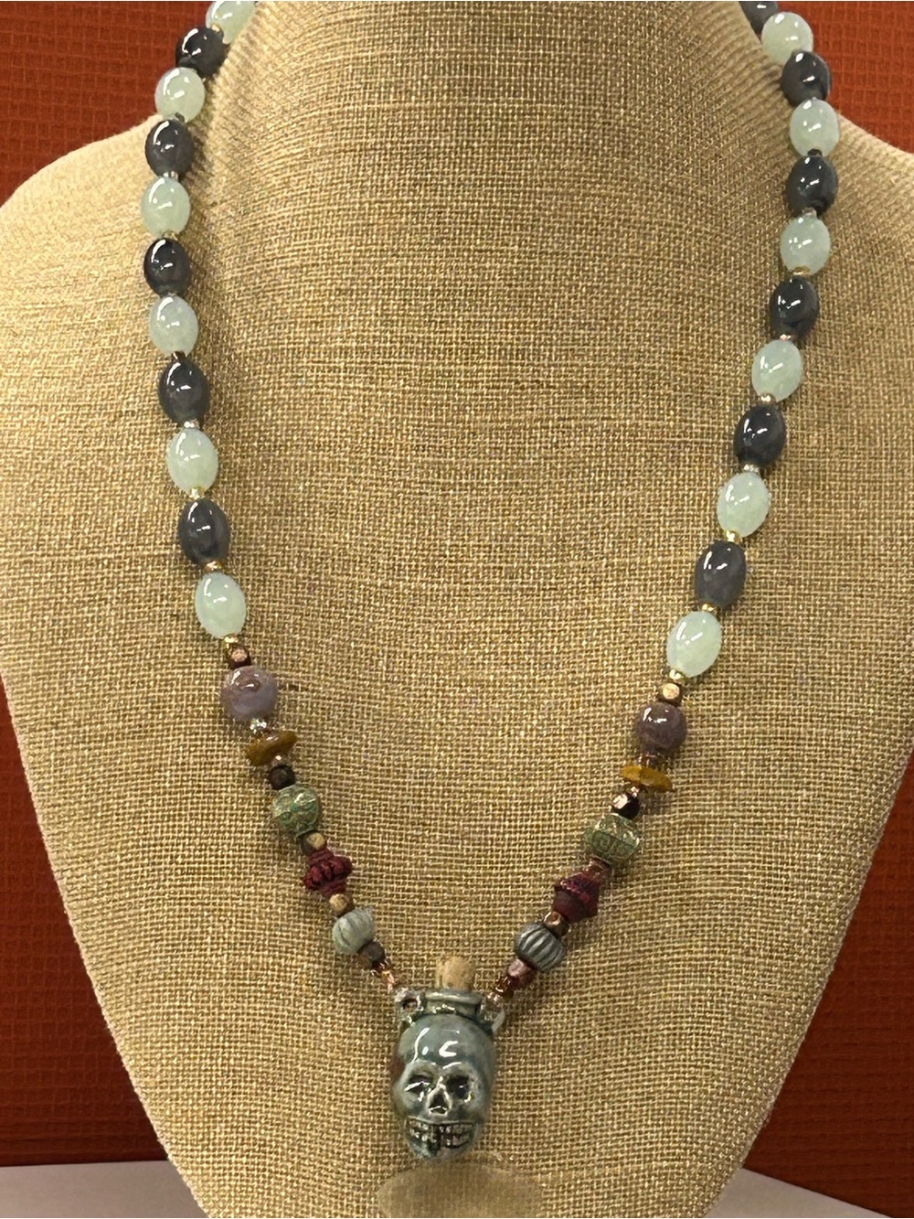 Artisan Skull Bottle and stone beaded necklace